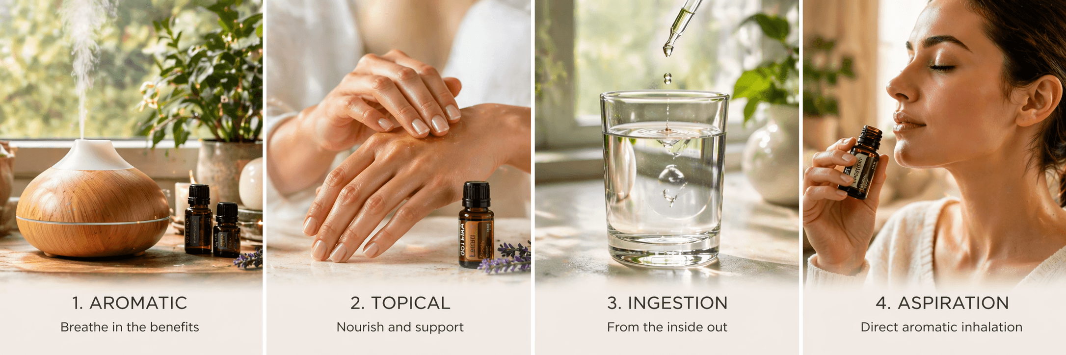 Four methods of essential oil application: topical, inhalation, diffusion, internal