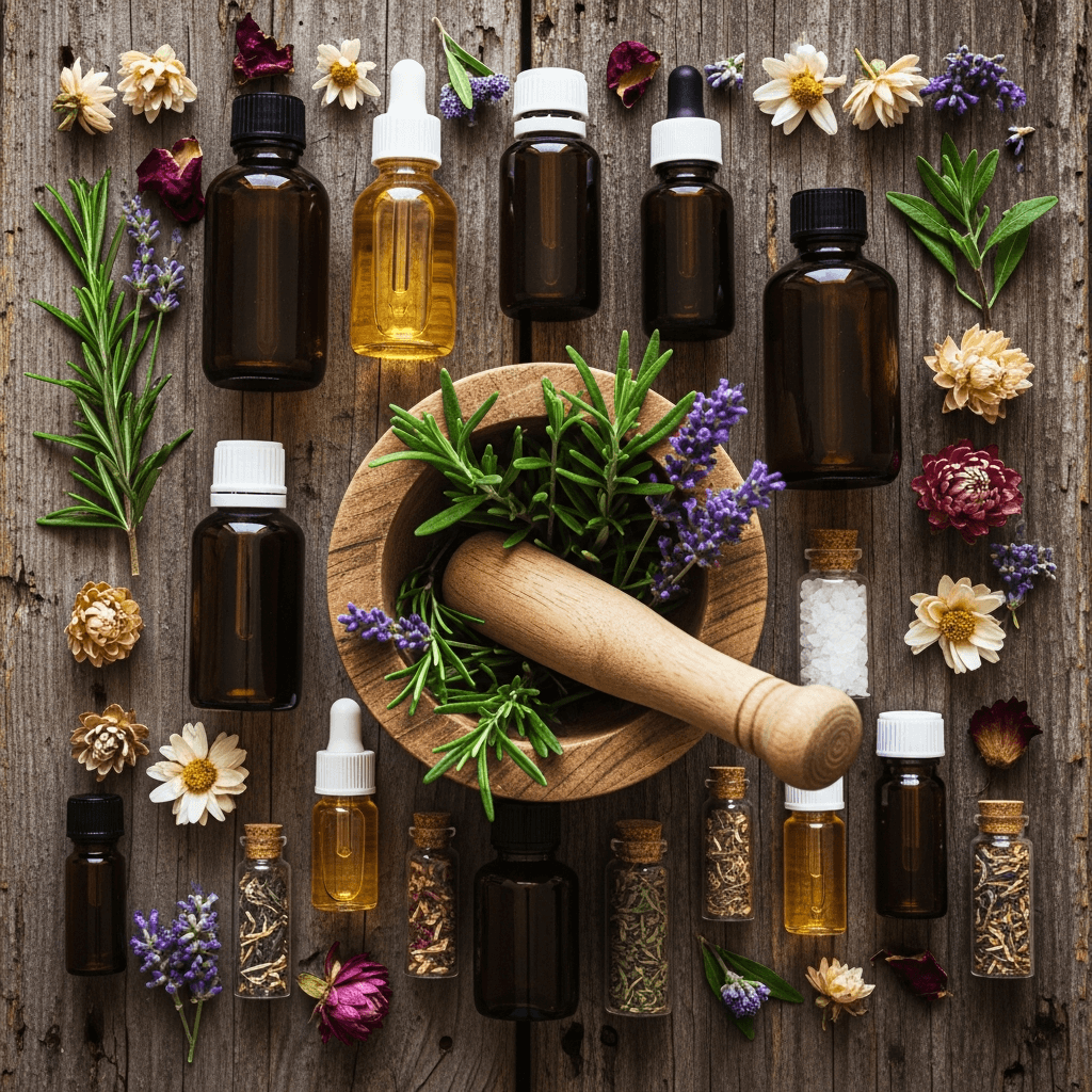 Essential oil bottles with mortar and pestle surrounded by botanicals