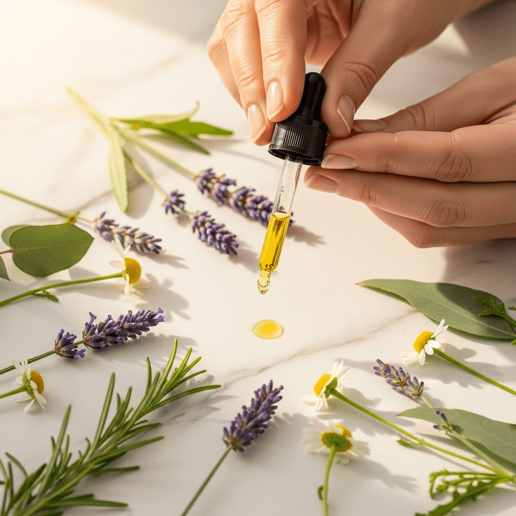 Hand dropping essential oil among botanicals